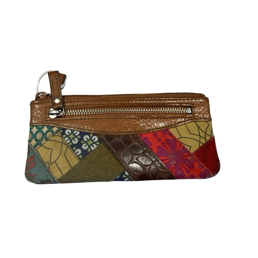 Vintage Fossil Brown Leather Wallet Bi Fold Patchwork Canvas Quilt Style